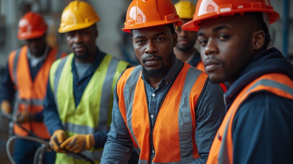 a group photo of black people with protective gear cleaning work